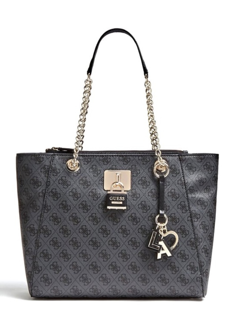 GUESS Black Monogram Chain-Strap Tote with Gold Hardware